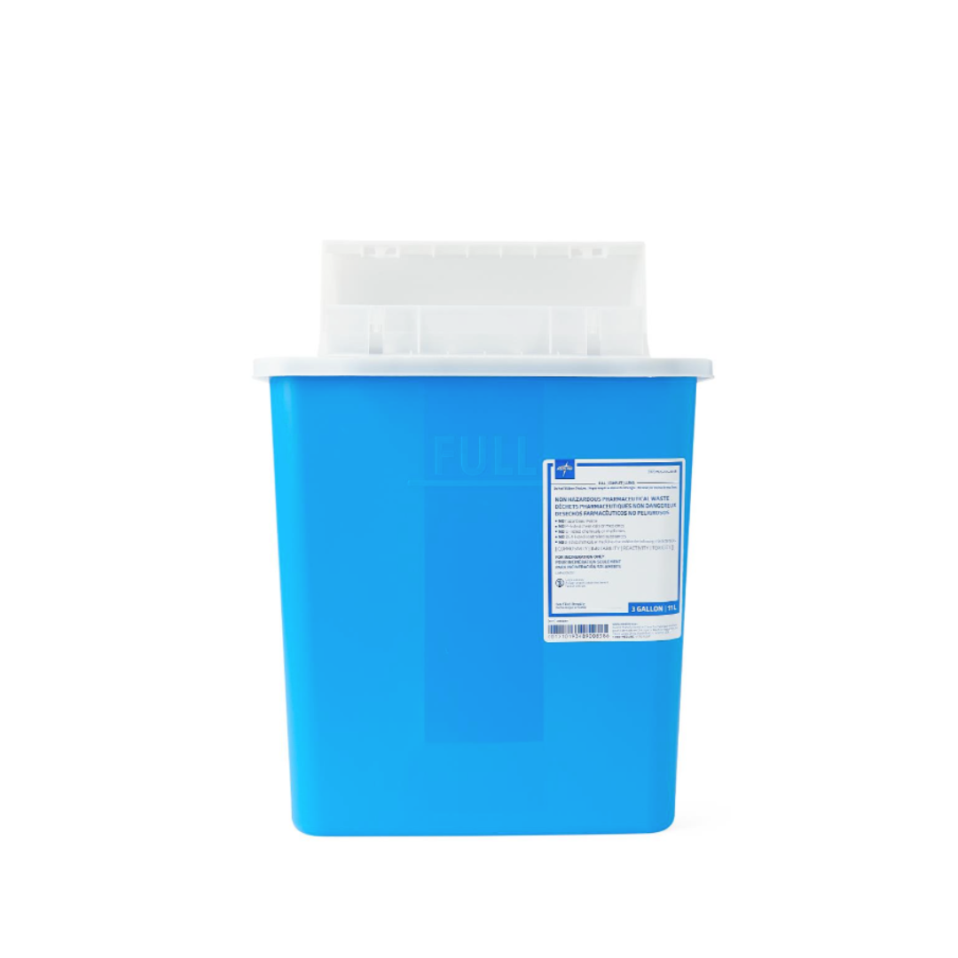 A blue rectangular Medline Pharmaceutical Waste Container with a white lid and front label, designed for safe disposal of medical waste, displayed on a plain white background.